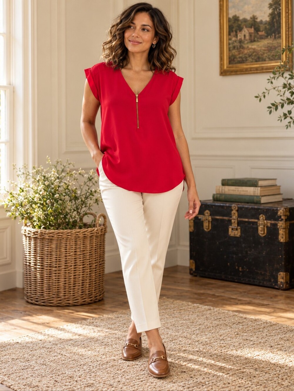 Express Red Gold Zip V-Neck Blouse Size S